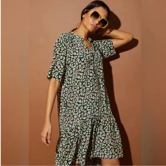 TUCKER NYC Green Laura Silk Midnight Leo Animal Print Dress XS